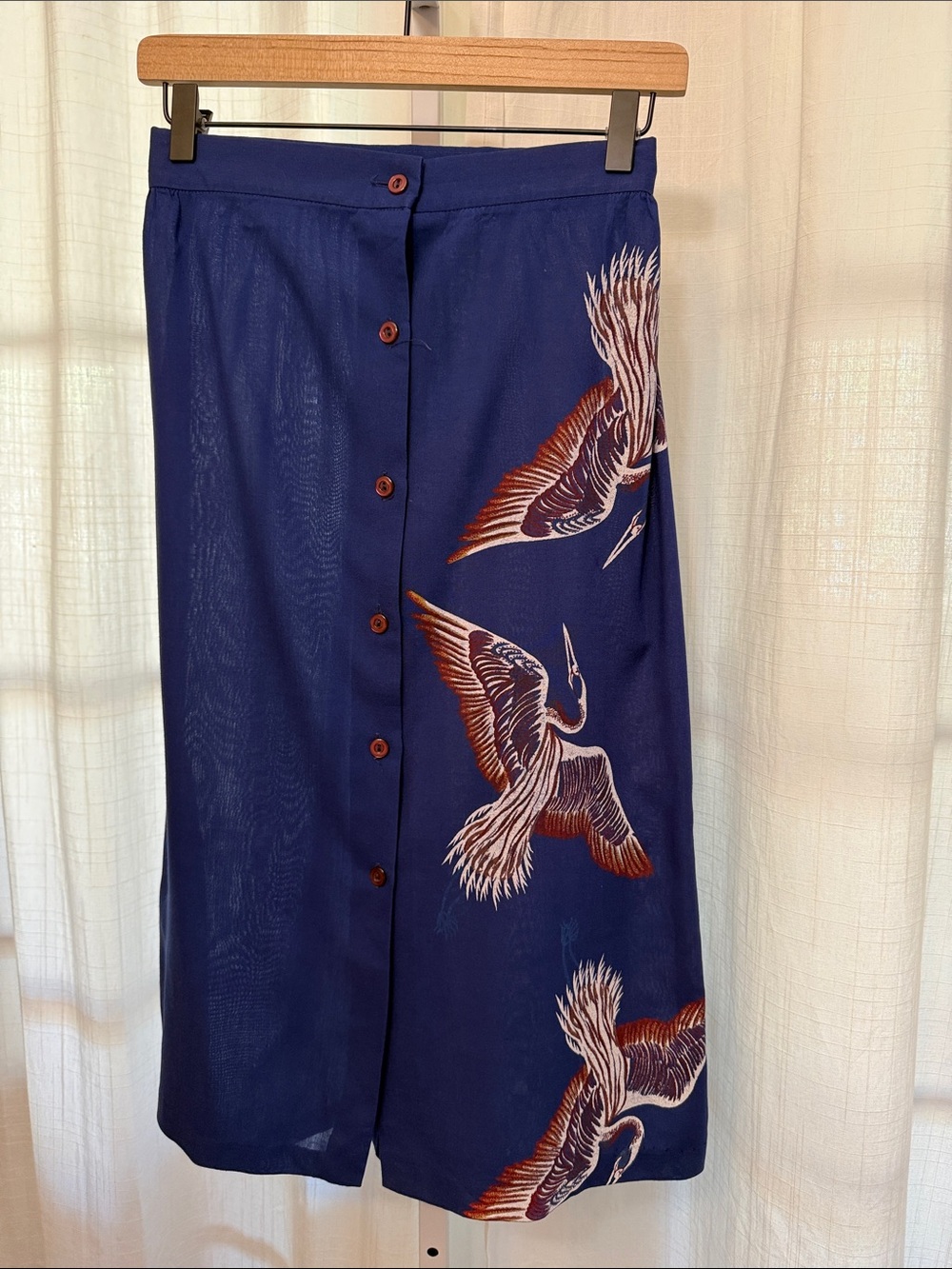 Vintage Navy Midi Skirt with Rust and Cream Crane Motif
